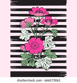 Border frame botanical bush with tropical flowers vintage print, stripes pattern retro spring summer background vector illustration design, fashion, shirt, textile, greeting card, invitation, wedding