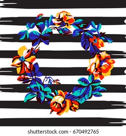 Border frame botanical wreath tropical flower rose vintage print, stripes pattern retro spring summer background vector illustration design, fashion, shirt, textile, greeting card, invitation, wedding