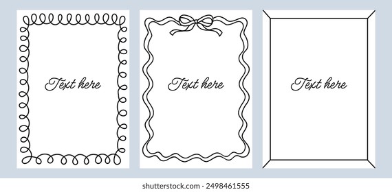 Border frame card.Set frames with space for text. Hand drawn black frames with thin wavy lines isolated on background. Black frame with cute bow.