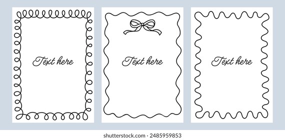 Border frame card.Set wavy frames with bow template with space for text. Hand drawn black frames with thin wavy lines isolated on background. Black frames with cute bow isolated on background