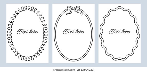 Border frame cards. Set frames with space for text. Hand drawn black oval frames with thin wavy lines isolated on background. Black frame with cute bow oval forms