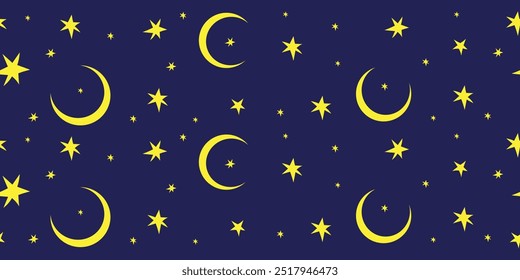 Border frame with cartoon crescent moon and stars. Cosmic children panoramic poster, sweet dream wallpaper. Vector illustration	