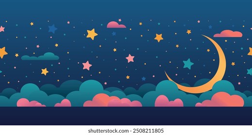 Borda quadro com desenho de céu noturno, nuvens, lua crescente, estrelas. Cartaz panorâmico de crianças cósmicas, papel de parede doce sonho. Ilustração vetorial