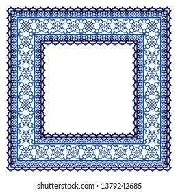 Border frame ceramic tile pattern. Islamic, indian, arabic motifs. Damask border seamless pattern. Porcelain ethnic bohemian background.  Abstract flower. Vector illustration