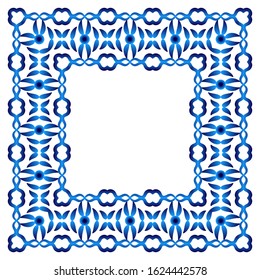 Border frame ceramic tile pattern. Islamic, indian, arabic motifs. Damask border pattern. Porcelain ethnic bohemian background.  Abstract flower. Vector illustration