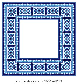 Border frame ceramic tile pattern. Islamic, indian, arabic motifs. Damask border pattern. Porcelain ethnic bohemian background.  Abstract flower. Vector illustration