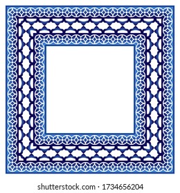 Border frame ceramic tile pattern. Islamic, indian, arabic motifs. Damask border seamless pattern. Porcelain ethnic bohemian background.  Abstract flower. Vector illustration