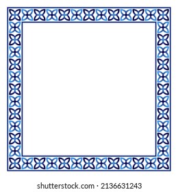 Border frame ceramic tile pattern. Islamic, indian, arabic motifs. Damask border square pattern. Porcelain ethnic bohemian background.  Abstract flower. Vector illustration