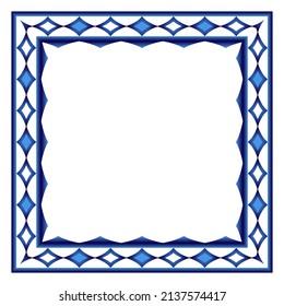 Border Frame Ceramic Tile Pattern. Islamic, Indian, Arabic Motifs. Damask Border Square Pattern. Porcelain Ethnic Bohemian Background.  Abstract Flower. Vector Illustration