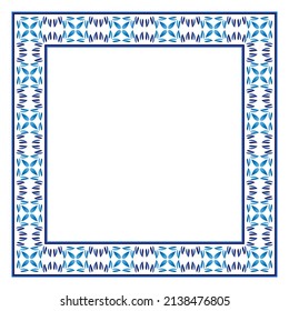 Border frame ceramic tile pattern. Islamic, indian, arabic motifs. Damask border square pattern. Porcelain ethnic bohemian background.  Abstract flower. Vector illustration