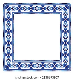 Border frame ceramic tile pattern. Islamic, indian, arabic motifs. Damask border square pattern. Porcelain ethnic bohemian background.  Abstract flower. Vector illustration