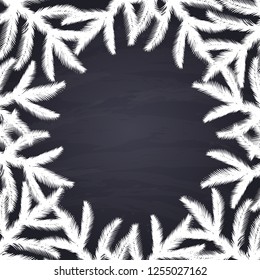 Border frame for christmas decorations. Chalk drawn spruce branch. Chalkboard background.