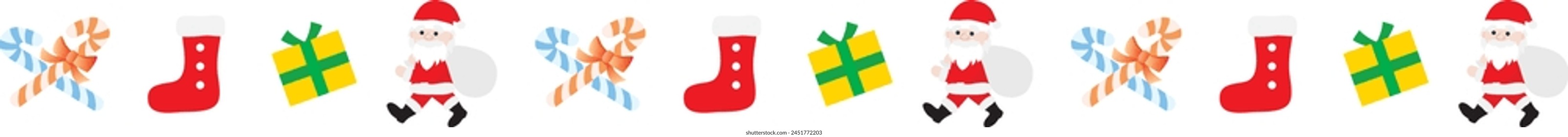 Border frame of Christmas with Santa Claus, candy cane and socks, in flat style. Vector illustration.