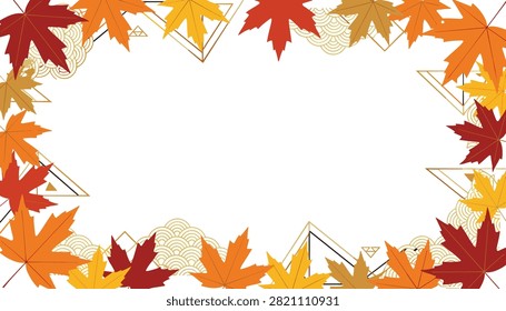 Border frame of colorful autumn maple leaves on gold background.