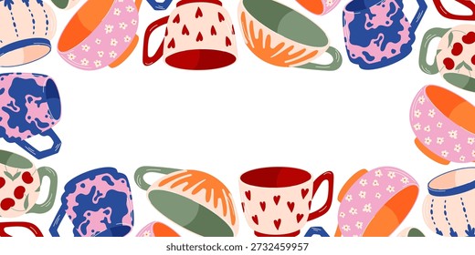 Border frame with colorful cup and mug in cozy flat style. Decorative illustration forming a tea wallpaper on white background for kitchen decor, textile, packaging and stationery.