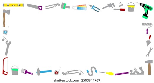 Border frame of colorful repair tools on white background and text space. Concept  illustration  of handyman.  Construction tools  isolated on white background for your design. EPS10