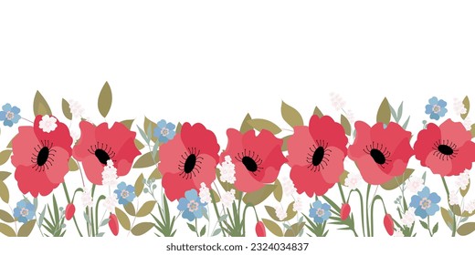 Borde o marco de flores de maíz, amapolas, flores silvestres y gramíneas, Impresión en postales, carteles y cintas decorativas
