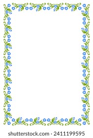 Border frame design concept of blue flowers with green leaves isolated on white background - vector illustration