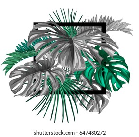A border frame design decorated with floral tropical palm leaves with room for your message. Summer template.  Vector vintage composition with exotic leaves. Botanical classic illustration. 