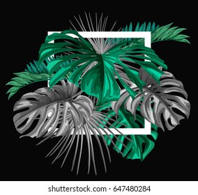 Um design de moldura de borda decorado com folhas de palma tropical floral com espaço para a sua mensagem. Modelo de verão.  Composição vetor vintage com folhas exóticas. Ilustração clássica botânica. 