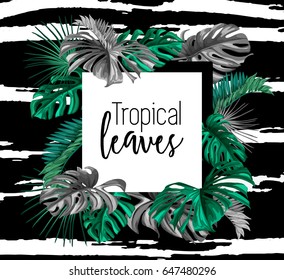 A border frame design decorated with floral tropical palm leaves with room for your message. Vector illustration.  Summer template. Use for wallpaper, web page background.