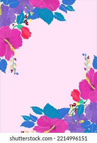 Border or frame design of frostbite,blue violet crayola color hibiscus flowers, blue NCS, bright navy blue color leaves with  caribbean green color veins on pink lace on background. greeting card art.