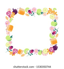 Border frame design with symbols of Jewish holiday Rosh Hashana. Honey, fruits, apple, pomegranate, lime, honeycomb, flowers. Harvest symbols. Vector hand drawn illustration. 