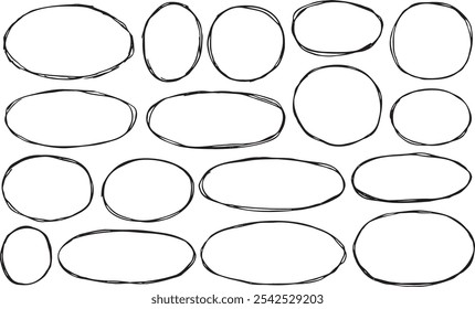 Dibujo de doodle de marco de borde. Elemento de rasguño de marcador de línea de círculo negro. Conjunto de lápiz dibujado grunge ilustración. Boceto de pincel ovalado de garabato