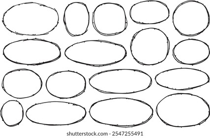 Desenho de rabisco de moldura da borda. Esboço de pincel oval de rabisco. Elemento rascunho do marcador de linha de círculo preto. Conjunto de lápis desenhado ilustração grunge