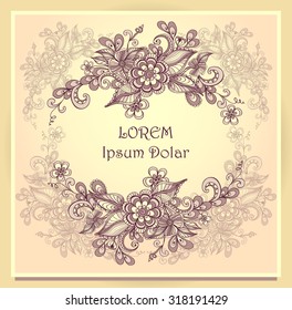 Border frame with doodle flowers in beige  brown pink colors for congratulation  or invitation  