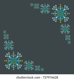 Border frame ethnic design with traditional tribal motifs of crooked lines, triangles, squares, circles. Mayan symbol, geometric pattern card border decoration. Embroidery style frame winter ornament.
