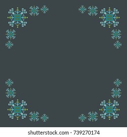 Border frame ethnic design with traditional tribal motifs of crooked lines, triangles, squares, circles. Mayan symbol, geometric pattern card border decoration. Embroidery style frame winter ornament.