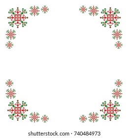 Border frame ethnic design with traditional tribal motifs of crooked lines, triangles, squares, circles. Mayan symbol, geometric pattern card border decoration. Embroidery style frame winter ornament.
