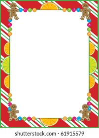 A border or frame featuring Christmas candies like peppermint,fruit slices and gingerbread cookies