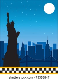 A border or frame featuring the New York skyline at night and a silhouette of the Statue of Liberty in the foreground.  The bottom border is the checkerboard of the New York City  taxi svg