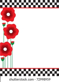 A border or frame featuring red poppies with black and white checks