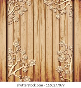 Border frame of flower paper wood cut on wooden texture template design. vector wood floor