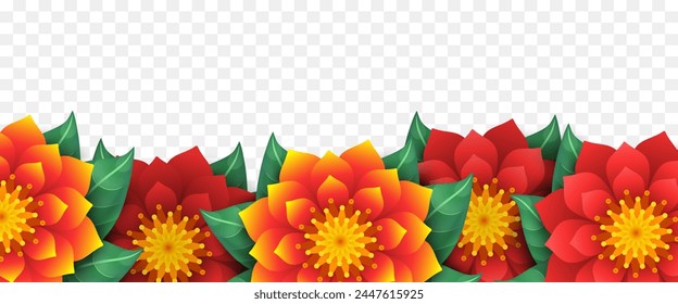 Border or frame of flowers. Vector illustration isolated on transparent background.