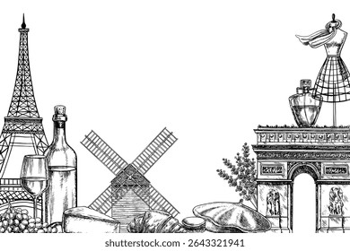 Fronteira França. Ilustração vetorial desenhada à mão no estilo de gráficos. Marcos de Paris. Moda, culinária, vinho, arquitetura. Para embalagens e rótulos. Para banners, cartazes e cartões postais.