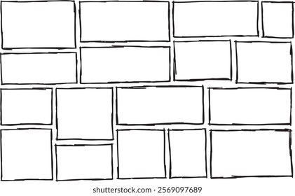 Border frame. Freehand grungy rectangle. Outline sketch drawn line. Black dirty scribble square collection. Simple scratch brush empty doodle