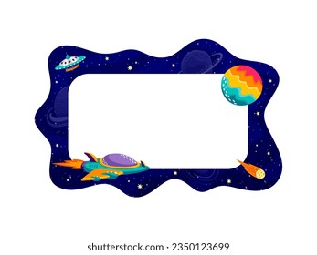 Border frame with galaxy space landscape, spaceship and comet. Vector background with shuttle at mesmerizing otherworldly scene capturing imagination and inviting to explore the depths of far cosmos