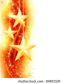 Border, frame with golden stars hanging over a red, golden wavy pattern embellished with stars and snow flakes. Bright, vivid and festive for the season to come with space for your message. EPS10