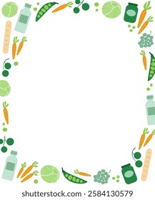 Border frame with groceries and fresh vegetables.