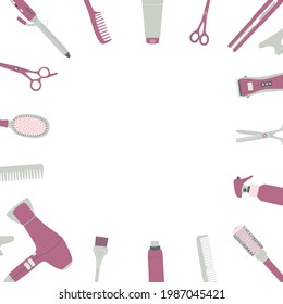 Border frame with hairdressing tools. Square vector illustration with accessories for hair salon with copy space