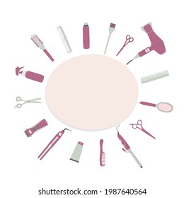 Border frame with hairdressing tools. Square vector illustration with accessories for hair salon with copy space.