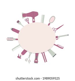 Border frame with hairdressing tools. Vector illustration with accessories for hair salon with copy space.
