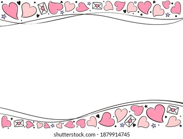Border frame with hand drawn hearts and stars. Valentine's Day template. Love greeting card. Vector illustration