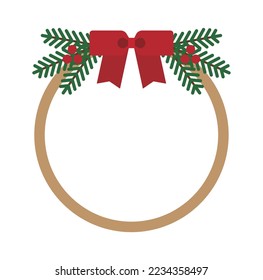 Border frame illustration of Christmas wreath decoration concept in December winter. Combination of red ribbon and tree and fruit.