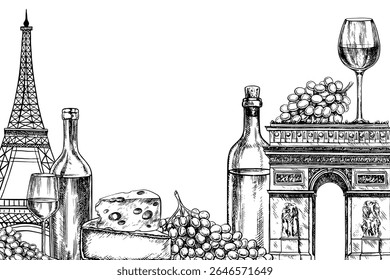 Moldura de borda com uma imagem de vinho francês. Ilustração gráfica à mão, vetorial. Vinho branco e tinto, copos, queijo francês e uvas, a Torre Eiffel e o Arco do Triunfo em Paris.