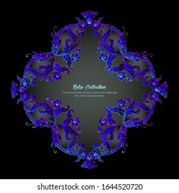 Border, frame, label In baroque, rococo, victorian, renaissance style. Trendy frolar vintage pattern in neon, fluorescent colors. Vector illustration